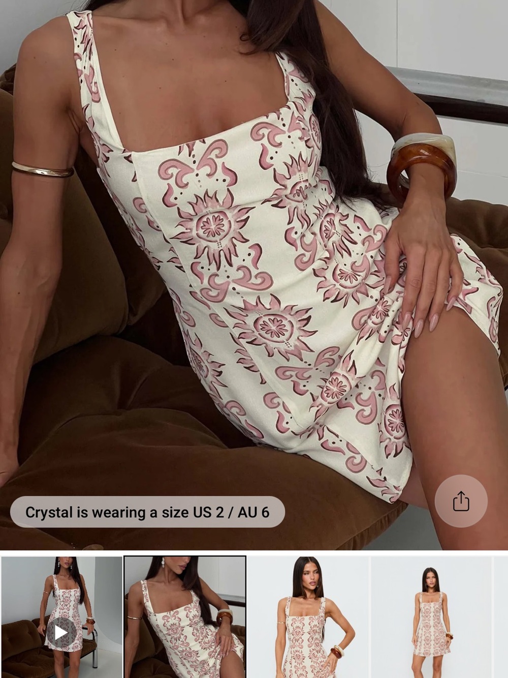 Crystal Lace-Print Square Neck Mini Dress in Cream & Blush